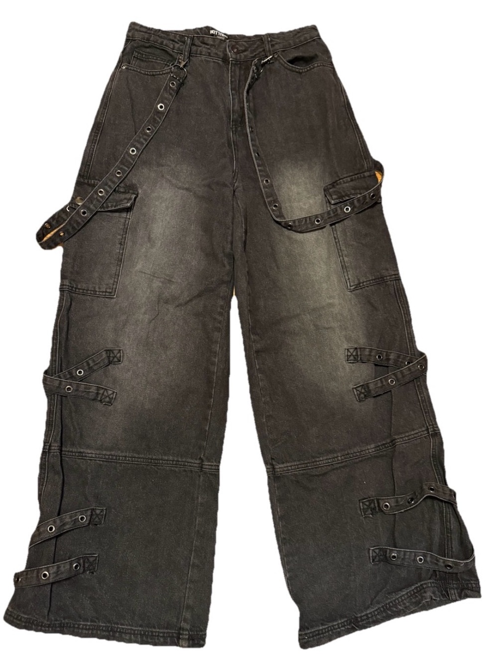 Hot Topic Black Wash Grommets And Straps Wide Leg Jeans High Rise size 9